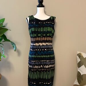 Connected Apparel Green and Blue Patterned Midi Dress sz 8 EUC B63